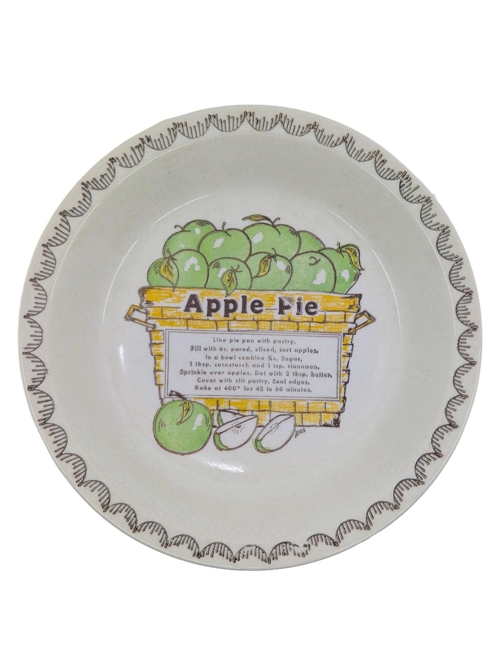 Vintage Apple Pie Recipe Ceramic Pie Plate Country Kitchen - READ